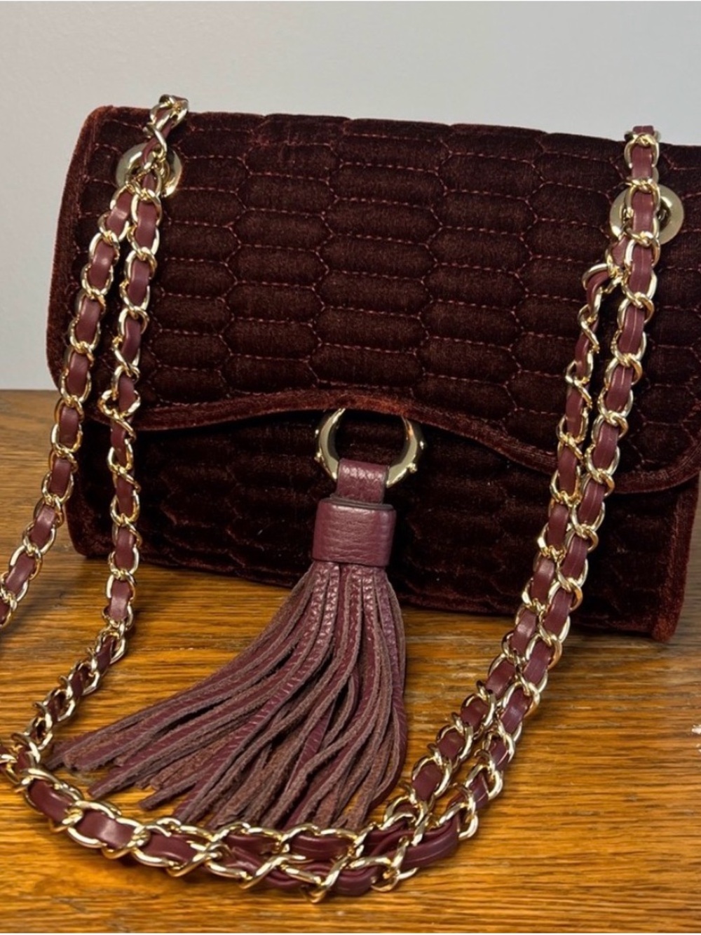 Aimee Kestenberg Wine Velvet Quilted Shoulder Bag with Tassel